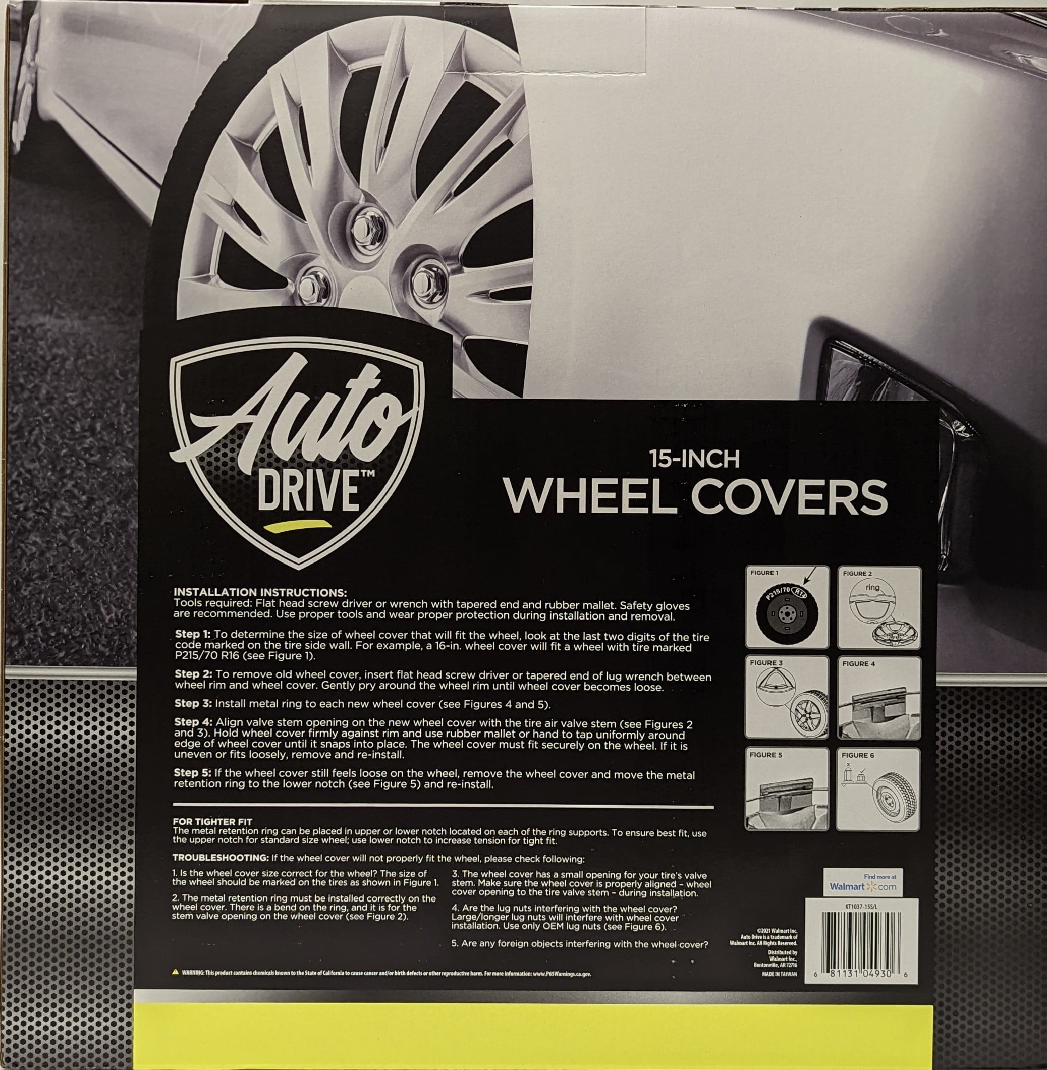 15-inch Wheel Cover, Silver Alloy Finish, Auto Drive Brand, ABS Plastic Material, Mfg Part No. KT1037-15SL