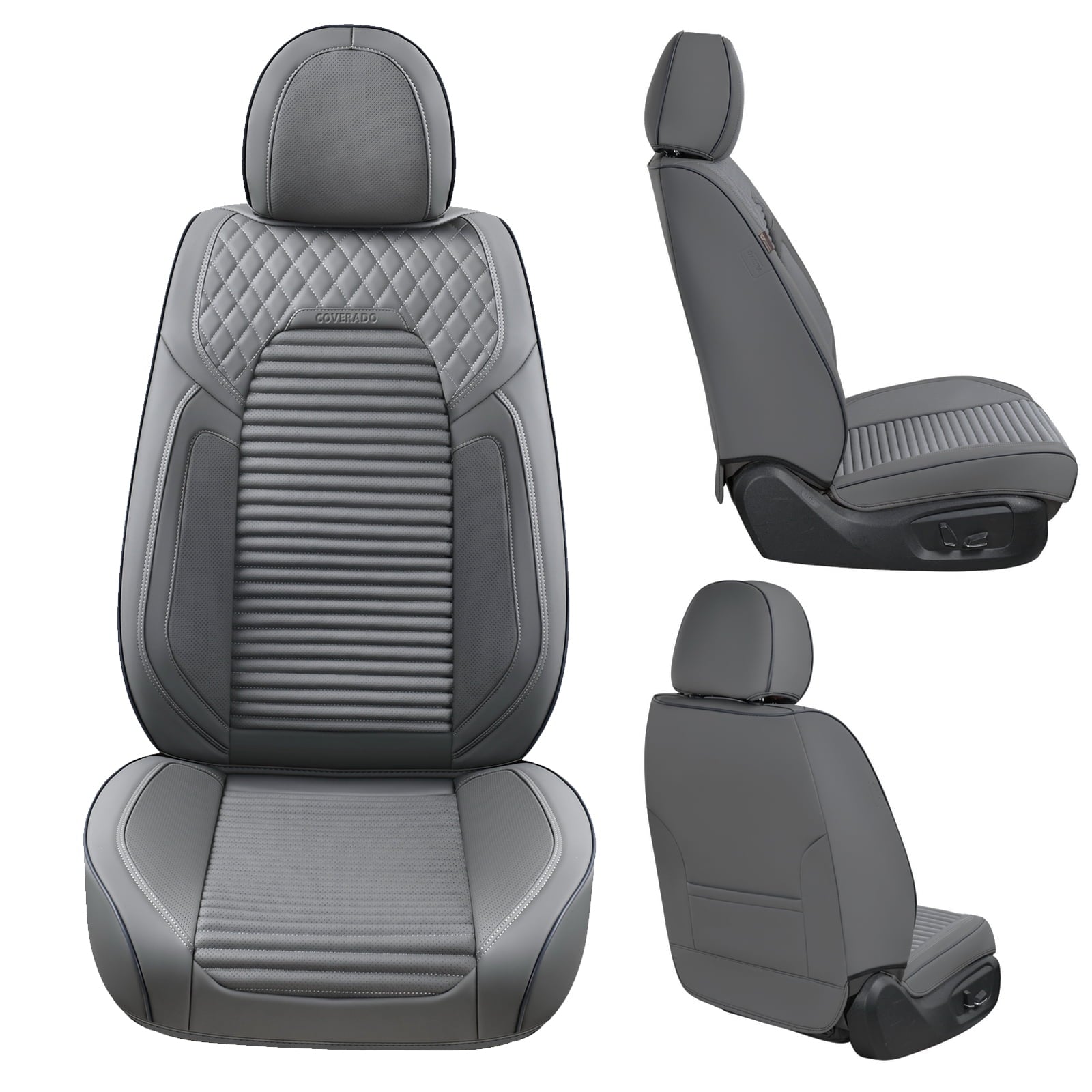 Coverado Premium Leather Car Seat Covers Gray Full Set, Fashion Auto Front and Back Seat Covers 13 Pieces,  Seat Protectors Interior Accessories Universal Fit Sedan, SUVs, Pickup Trucks