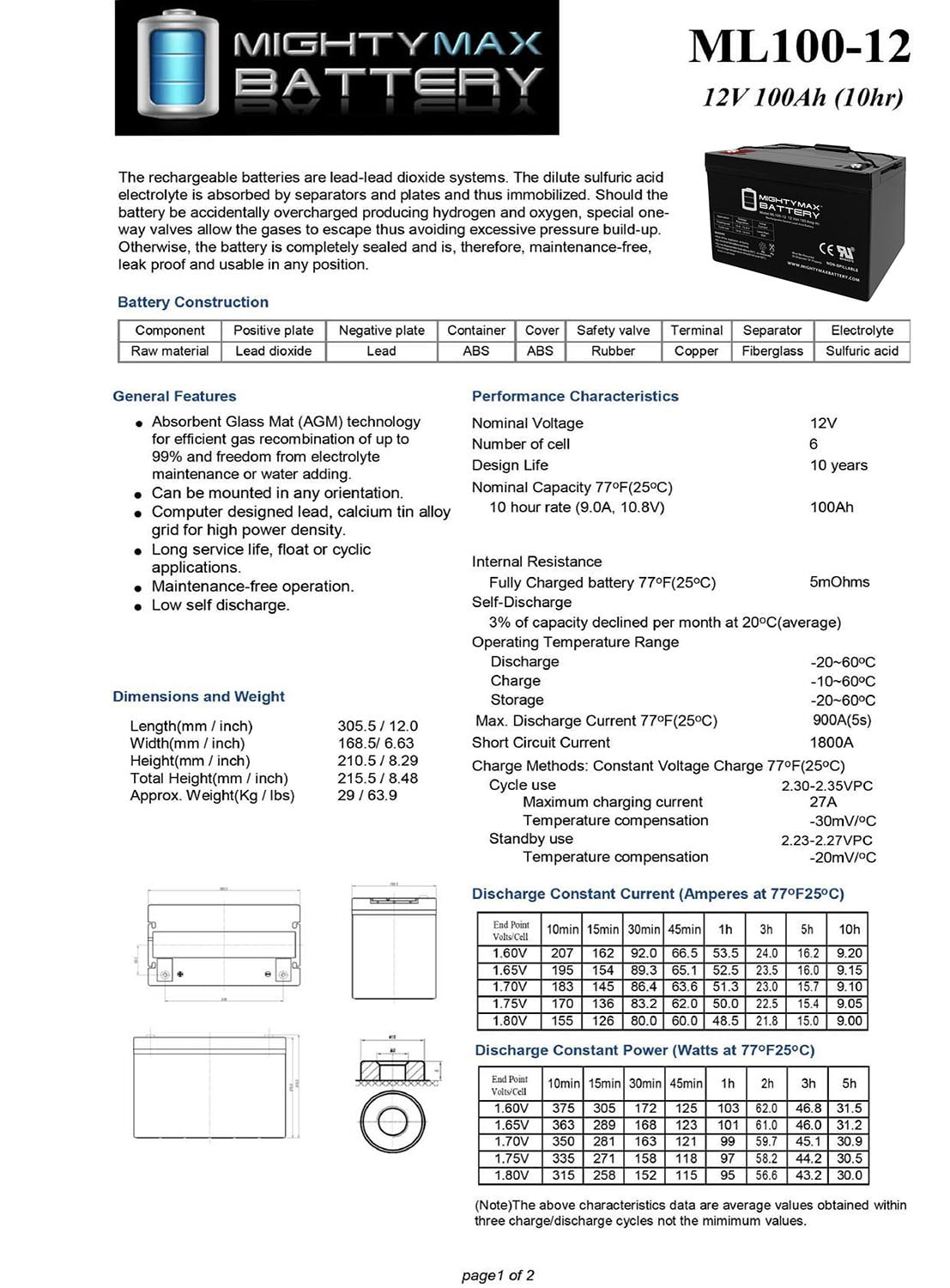 "Mighty Max 12V 100Ah SLA Battery for Kaddy E-Caddy Golf Cart"