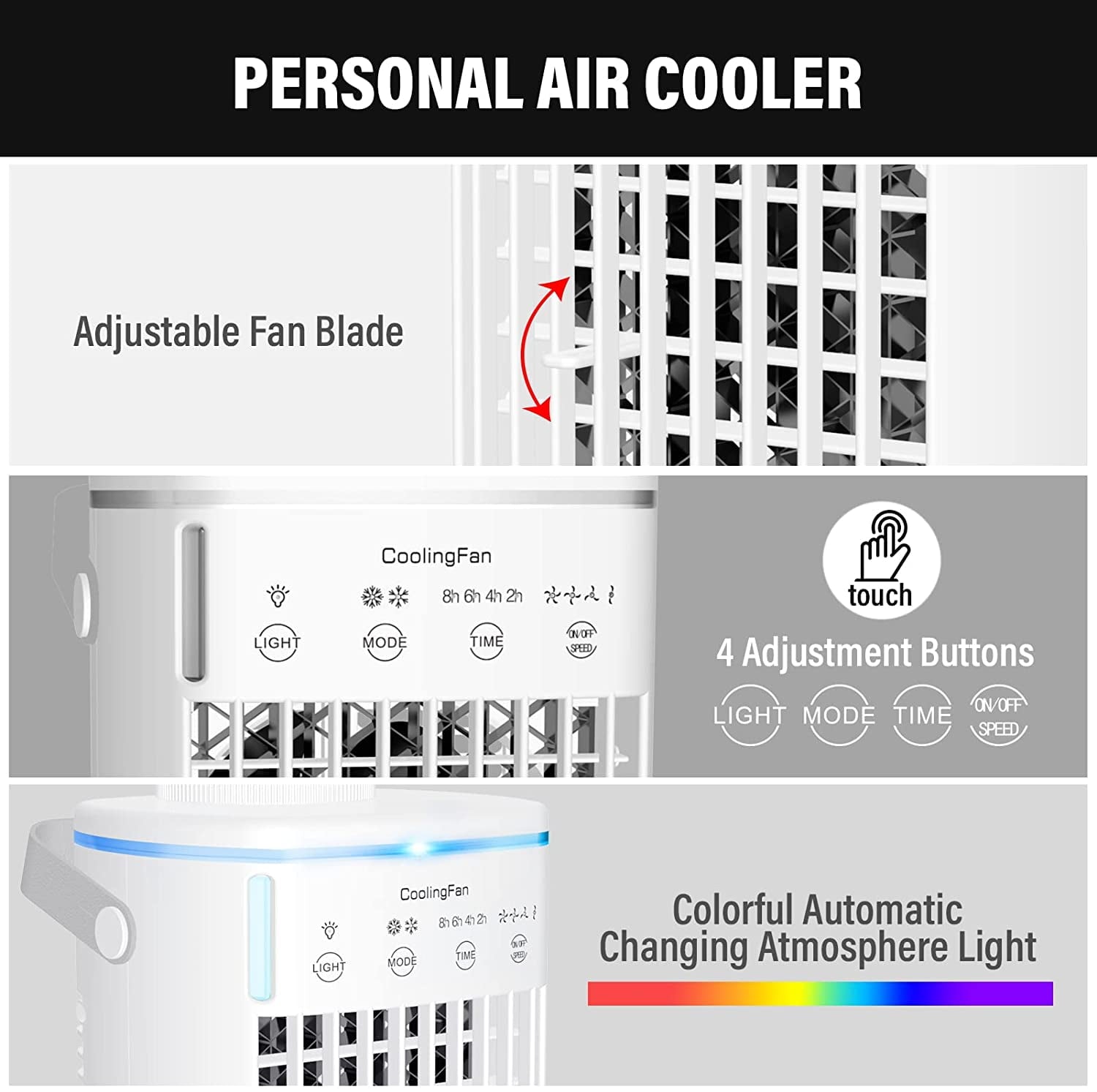 Mini Portable Air Conditioner, 6-in-1Personal Air Cooler, Evaporative Air Conditioner Fan with 4 Wind Speeds & Cool Air Spray Duration 10 Hrs Humidifier for Room Office - Need to be Plugged in for Use
