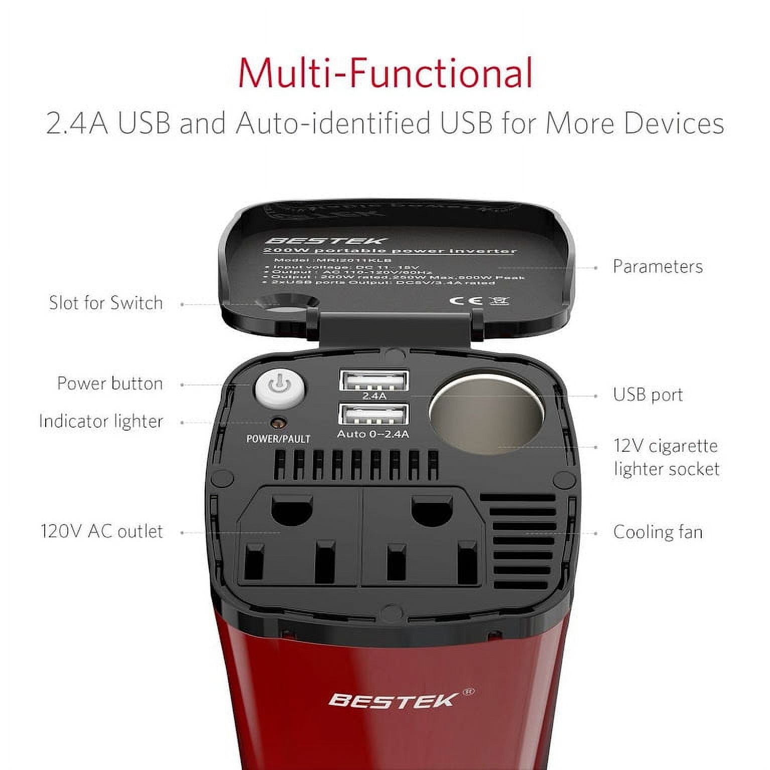 BESTEK 200W Power Inverter for Car with 2 AC Outlets and 4.5A Dual USB Ports Car Power Inverter Adapter with Car Cigarette Lighter Socket