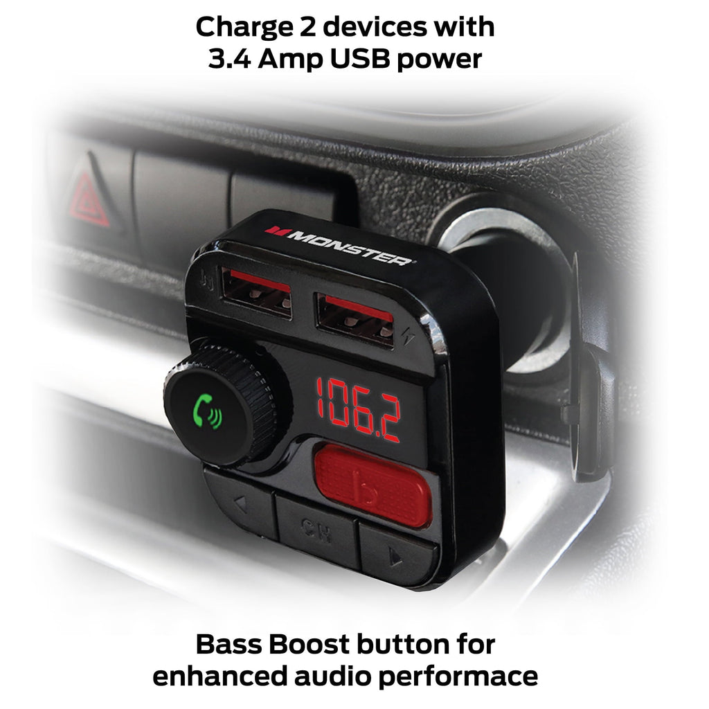 Monster LED Bluetooth FM Transmitter with 2 USB Ports, 3.4 Amp, 2 Charging Ports, Compatible USB Mobile Devices