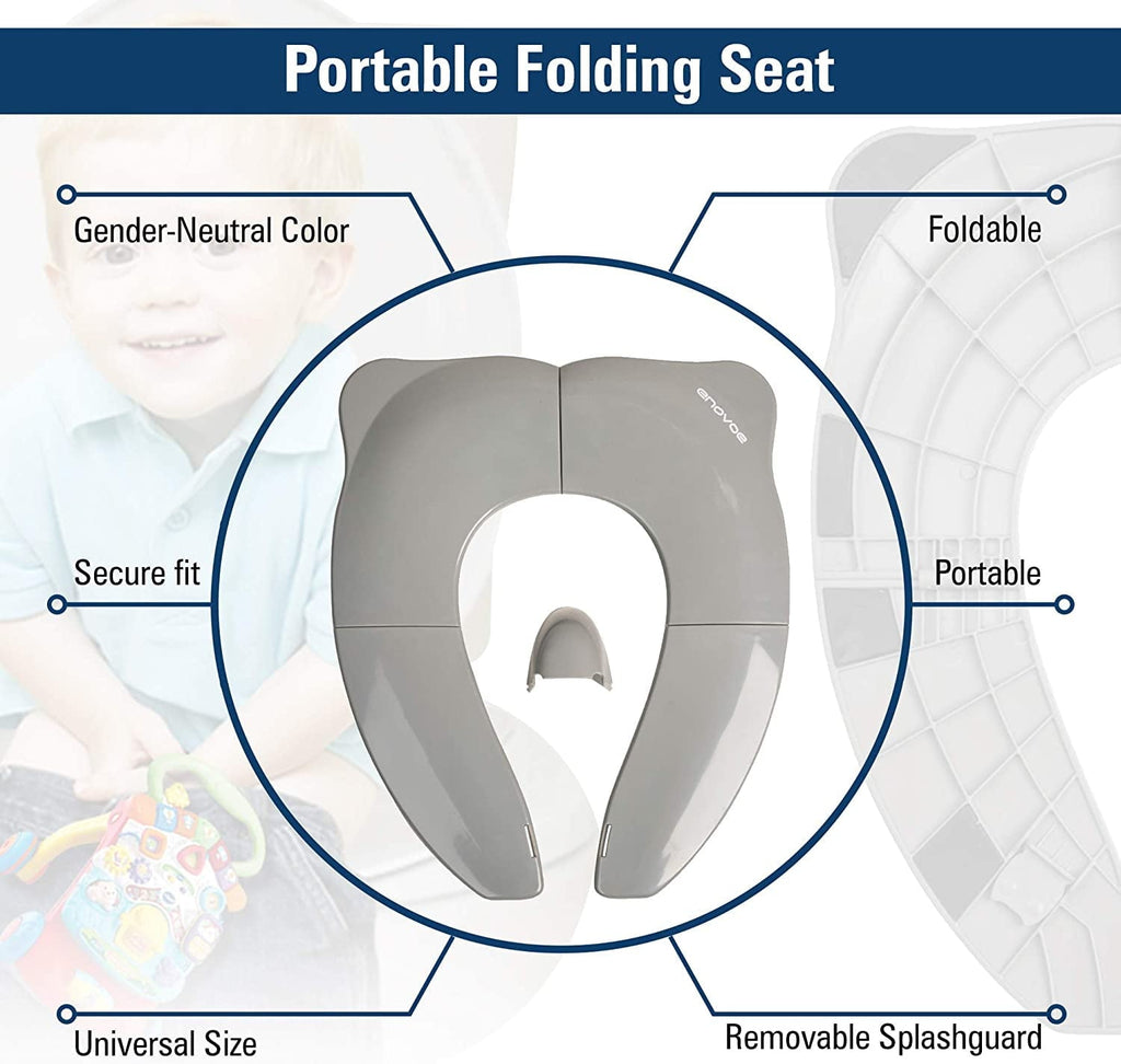 Enovoe Foldable Toddler Potty Seat - Portable Travel Potty Training Toilet Seat for Boys and Girls - Comfortable Non-Slip Attachment in Grey - Ideal Toddler Toilet Seat for Travel