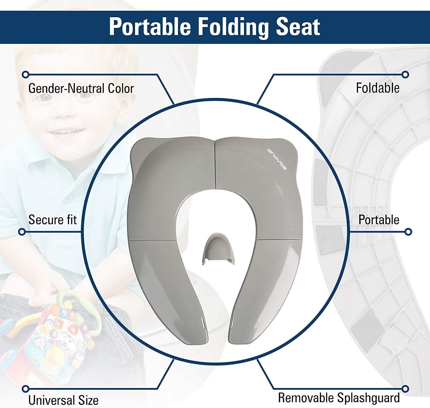 Enovoe Foldable Toddler Potty Seat - Portable Travel Potty Training Toilet Seat for Boys and Girls - Comfortable Non-Slip Attachment in Grey - Ideal Toddler Toilet Seat for Travel