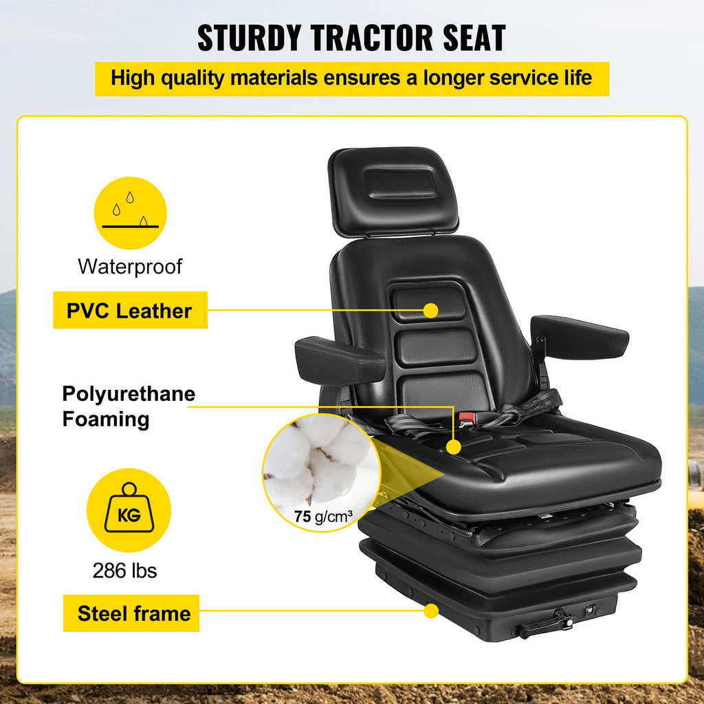 VEVOR Suspension Seat With Safety Switch Adjustable Forklift Seat Replacement Back Fork Lift Seats for Tractor & Forklift Suspension Tractor Seats and Backhoe Seat with Seat Belt