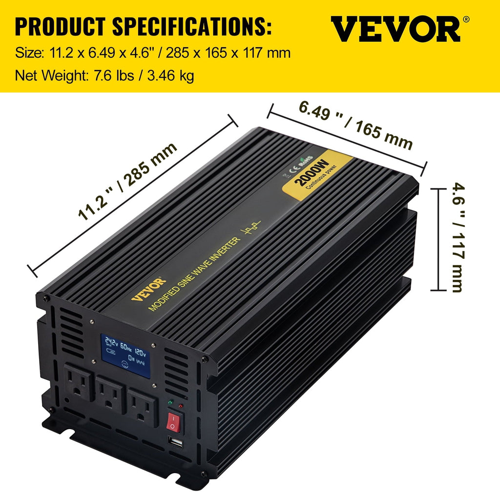 VEVOR Power Inverter 2000W Modified Sine Wave Inverter DC12V to AC120V Car Converter with USB Port LCD Display Remote Controller LED Indicator AC Outlets Inverter for Car RV Truck Boat Travel Camping