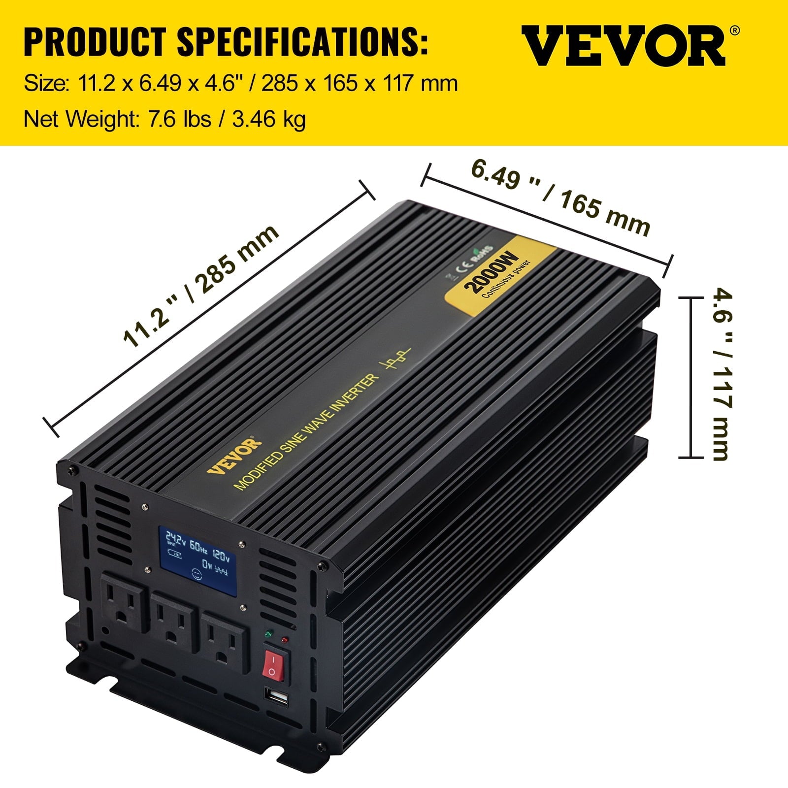 VEVOR Power Inverter 2000W Modified Sine Wave Inverter DC12V to AC120V Car Converter with USB Port LCD Display Remote Controller LED Indicator AC Outlets Inverter for Car RV Truck Boat Travel Camping