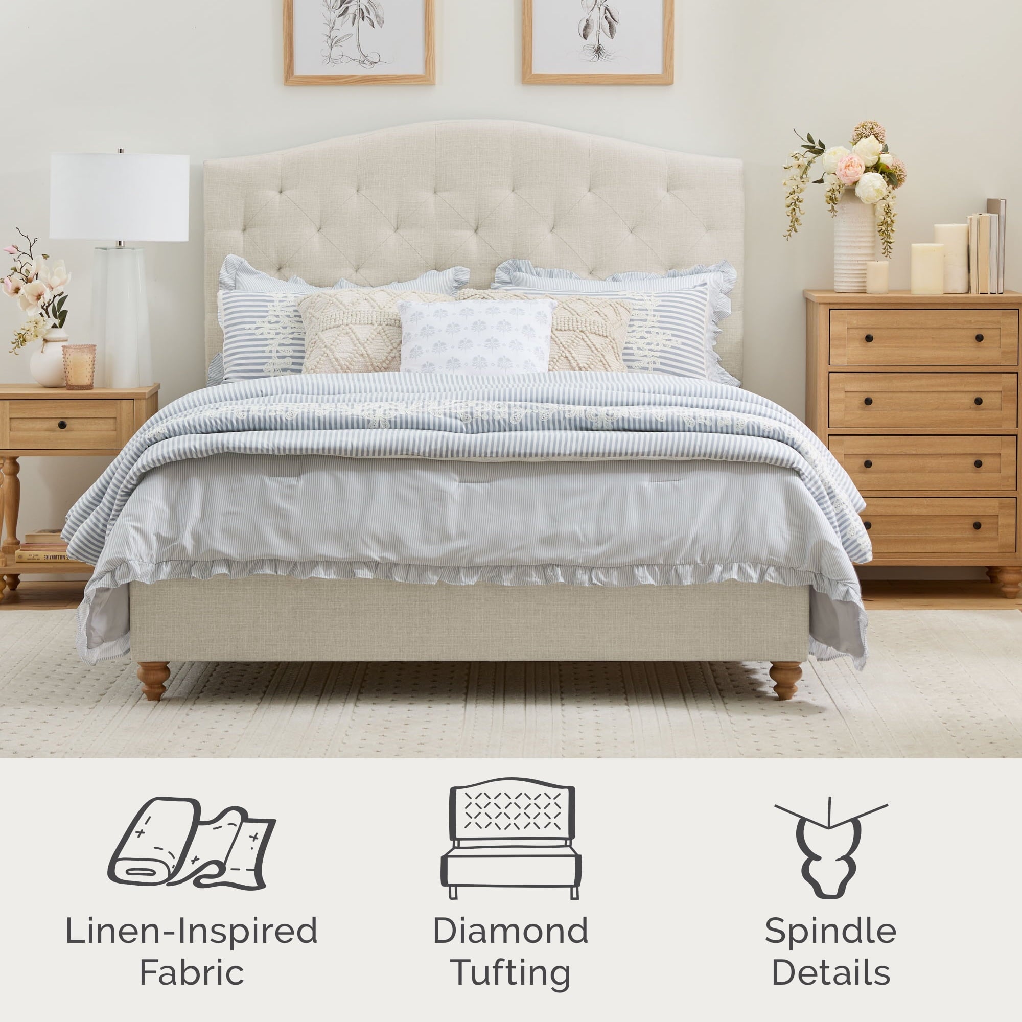 My Texas House Anna Upholstered Diamond Tufted Platform Bed, Queen, Oat