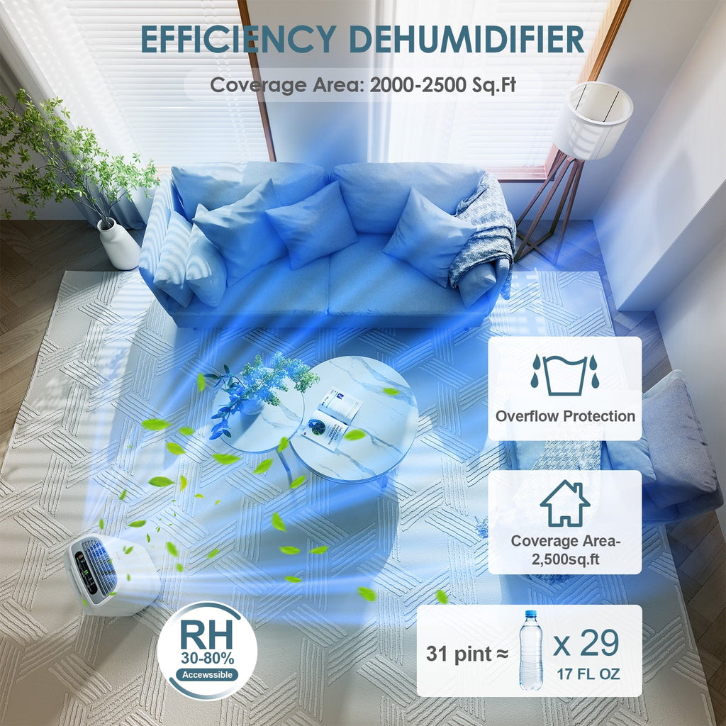 ANDTE 31 Pints Dehumidifiers, Spaces up to 2500 Sq.ft, Auto/Manual Drainage, 0.53 Gallon Water Tank, Auto Defrost, Dry Clothes Function, 24H Timer