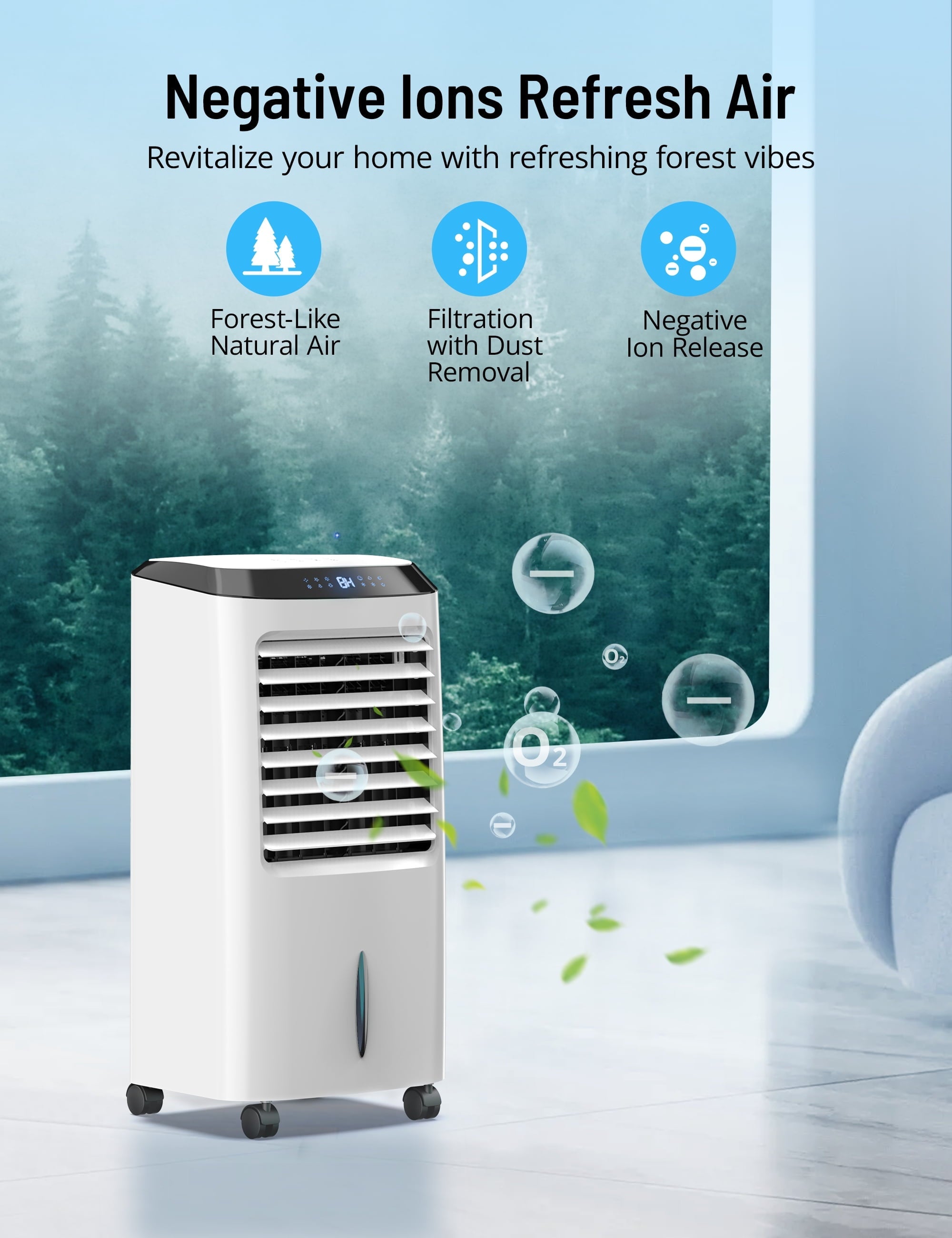 4-in-1 Evaporative Air Cooler, Portable Air Cooling Fan with Negative Ion, Swamp Cooler with Remote, LED Display, Quite, Casters for Home, Office