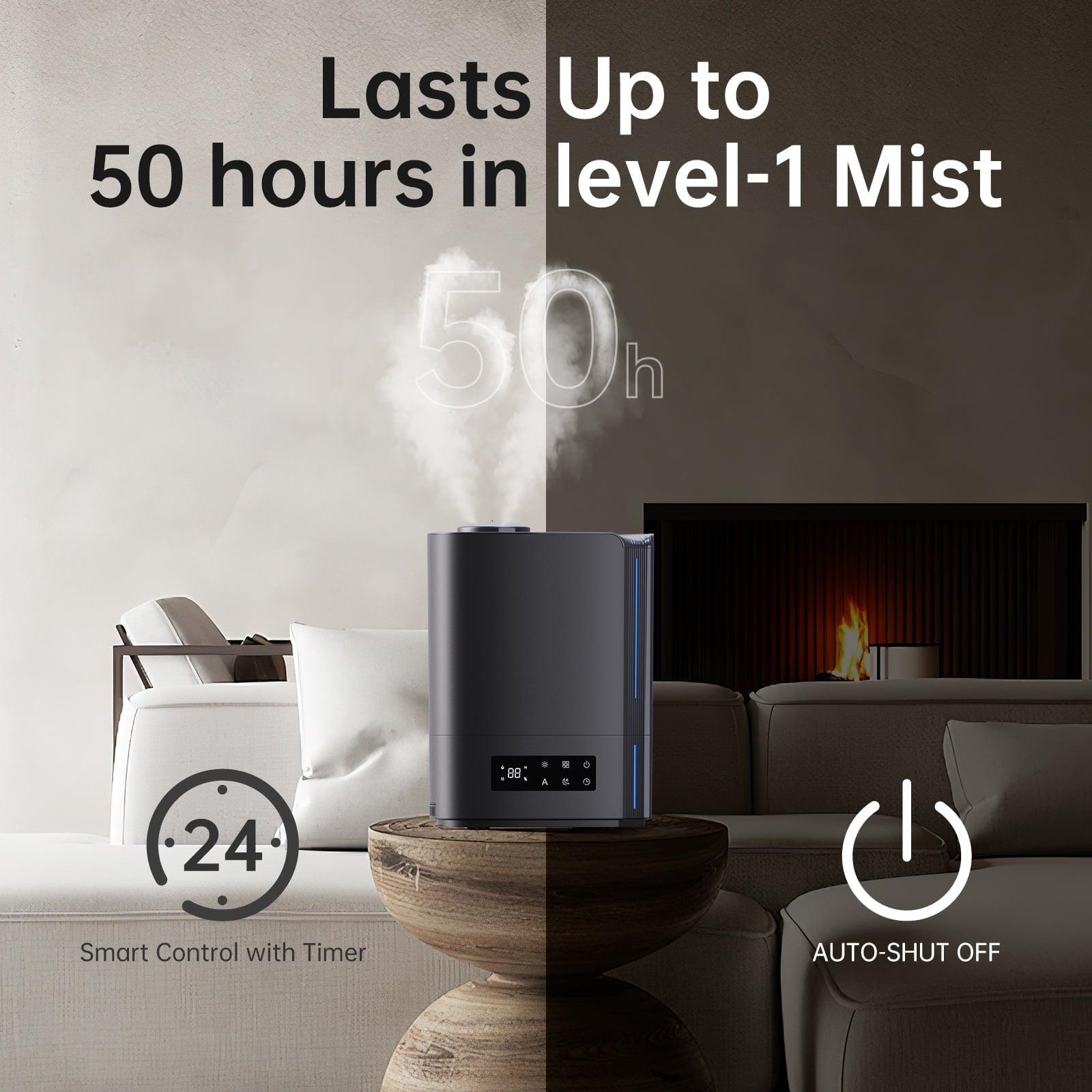 KLOUDIC Top-Fill 6L Cool Mist Large Humidifier for Home Air Vaporizer with Humidistat and Timer