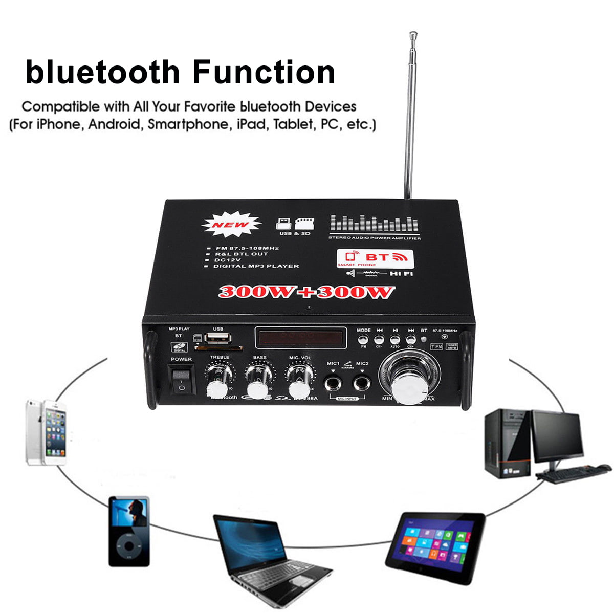 600W 4-16Ohm Amplifier with bluetooth LCD Digital Display Stereo Audio HiFi Amp MP3/USB/SD Car / Home / Theater