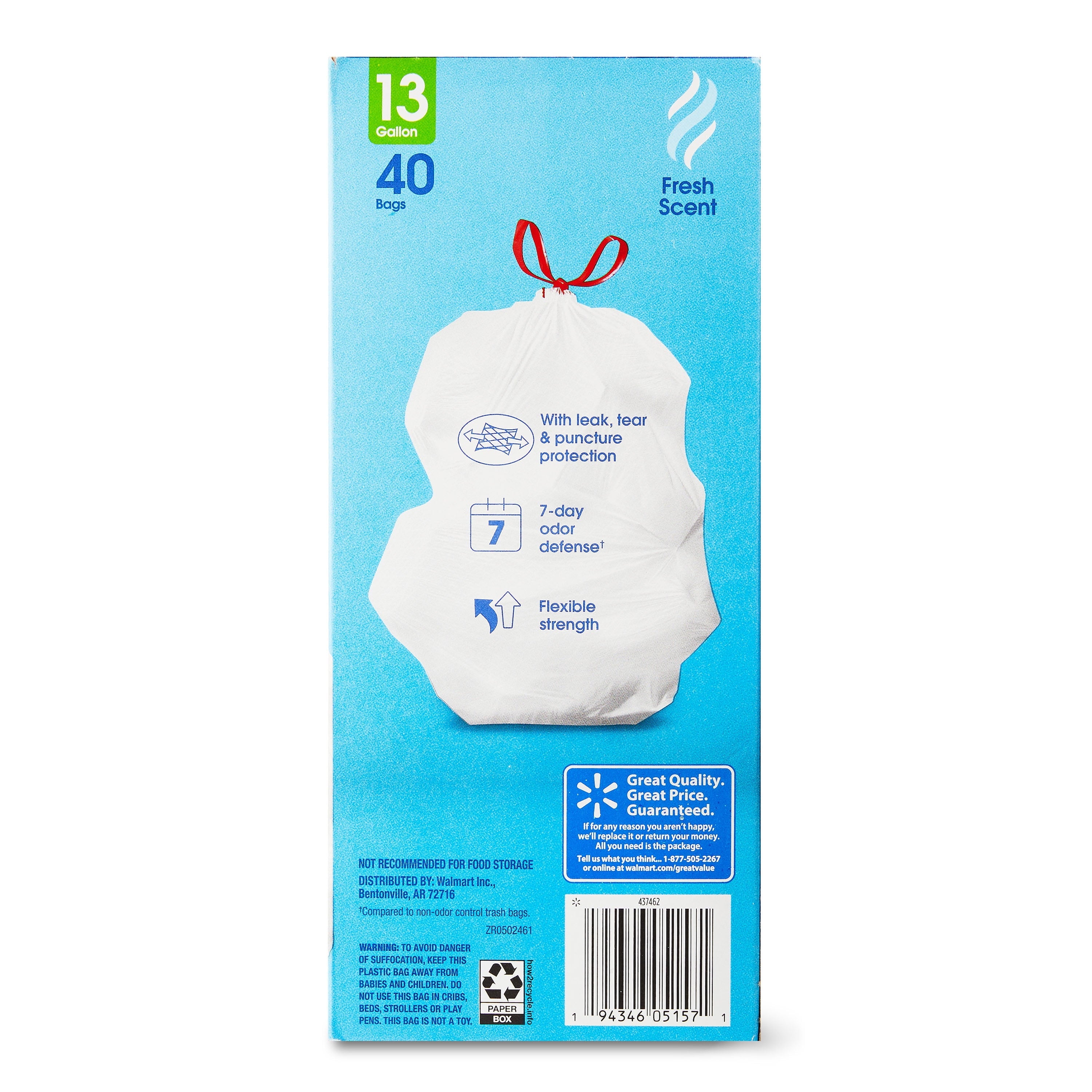 Great Value 13-Gallon White Strong Flex Drawstring Tall Kitchen Garbage Bags, Fresh Scent, 40 Bags
