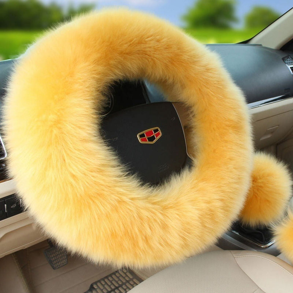 Hot 3Pcs/Set Woolen Winter Soft Warm Fuzzy Steering Wheel Cover Long Plush Handbrake Car Accessory Pink/Saffron Yellow/Black/Wine Red/Beige