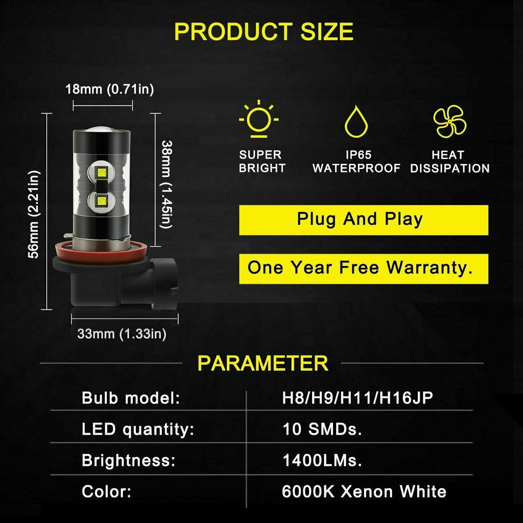 For Chevrolet Impala 2006-2013 - 6000K White LED H8/H9/H11 Fog Light Bulbs Kit 2x
