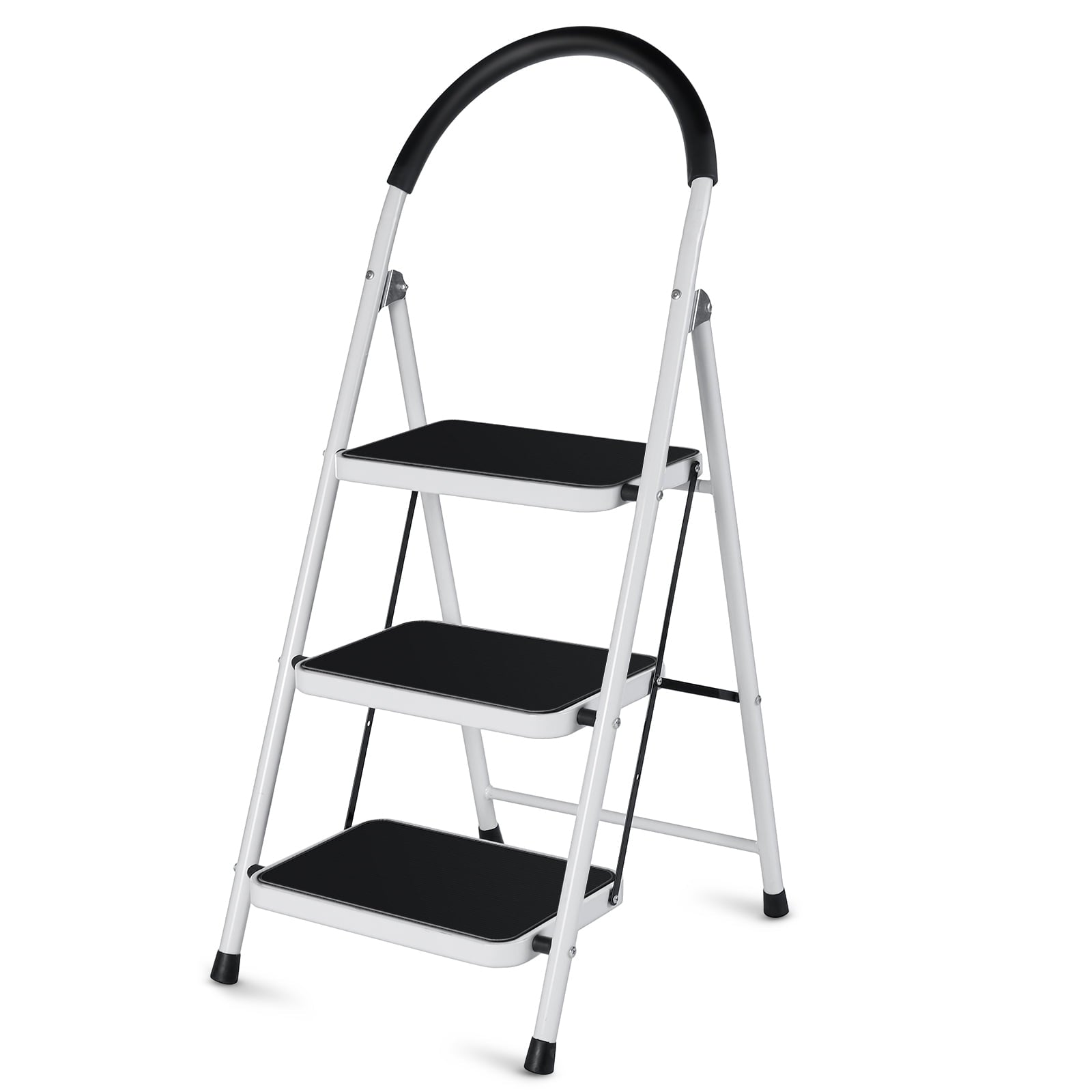 3 Step Ladder Folding Step Stool Ladder with Wide Anti-Slip Pedal Rubber Handle Feet Lightweight Portable Sturdy Steel Ladder
