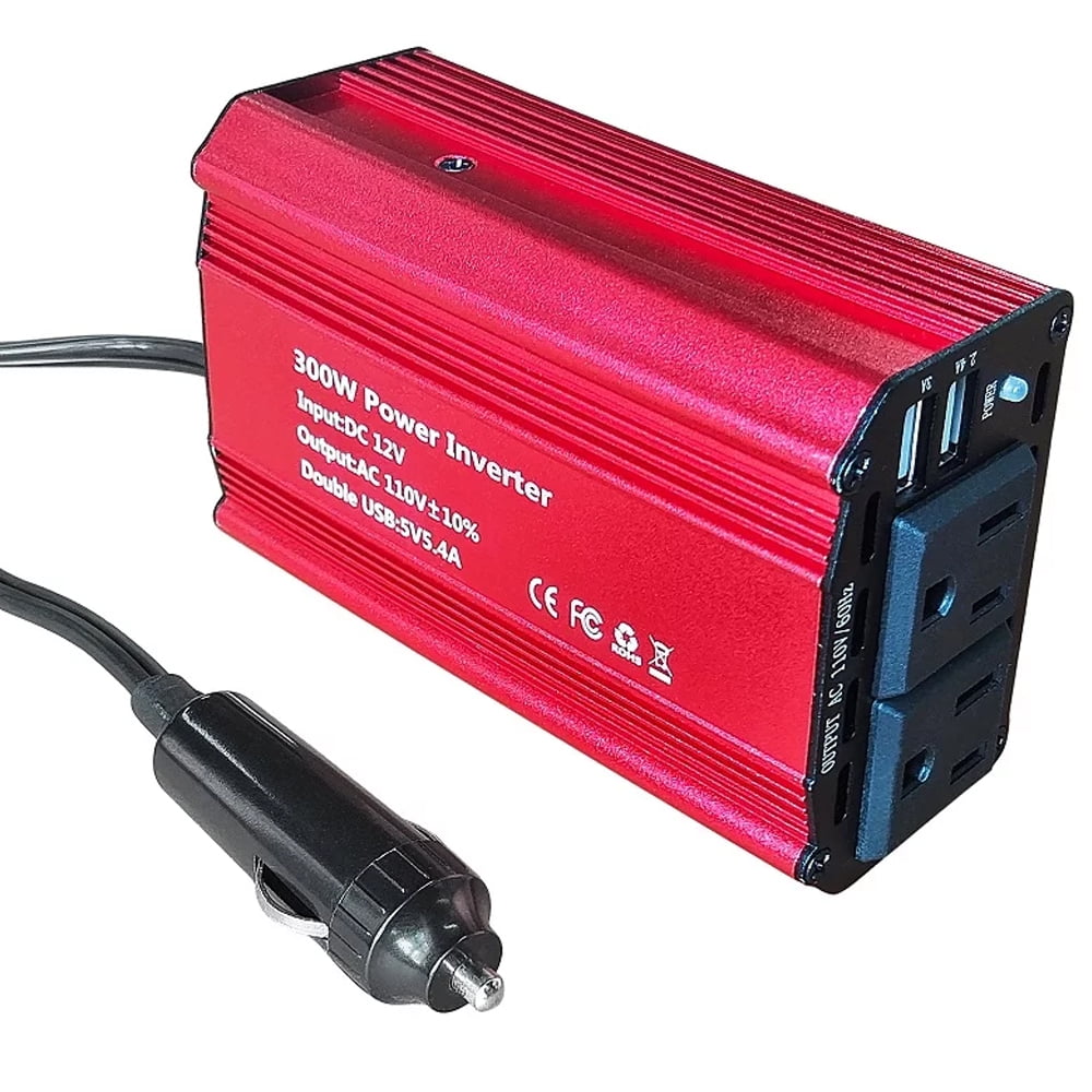 300W Car Power Inverter DC 12V to 110V AC, Car Plug Adapter Outlet with Dual USB and 2 AC Outlet, Car Charger for Laptop Computer