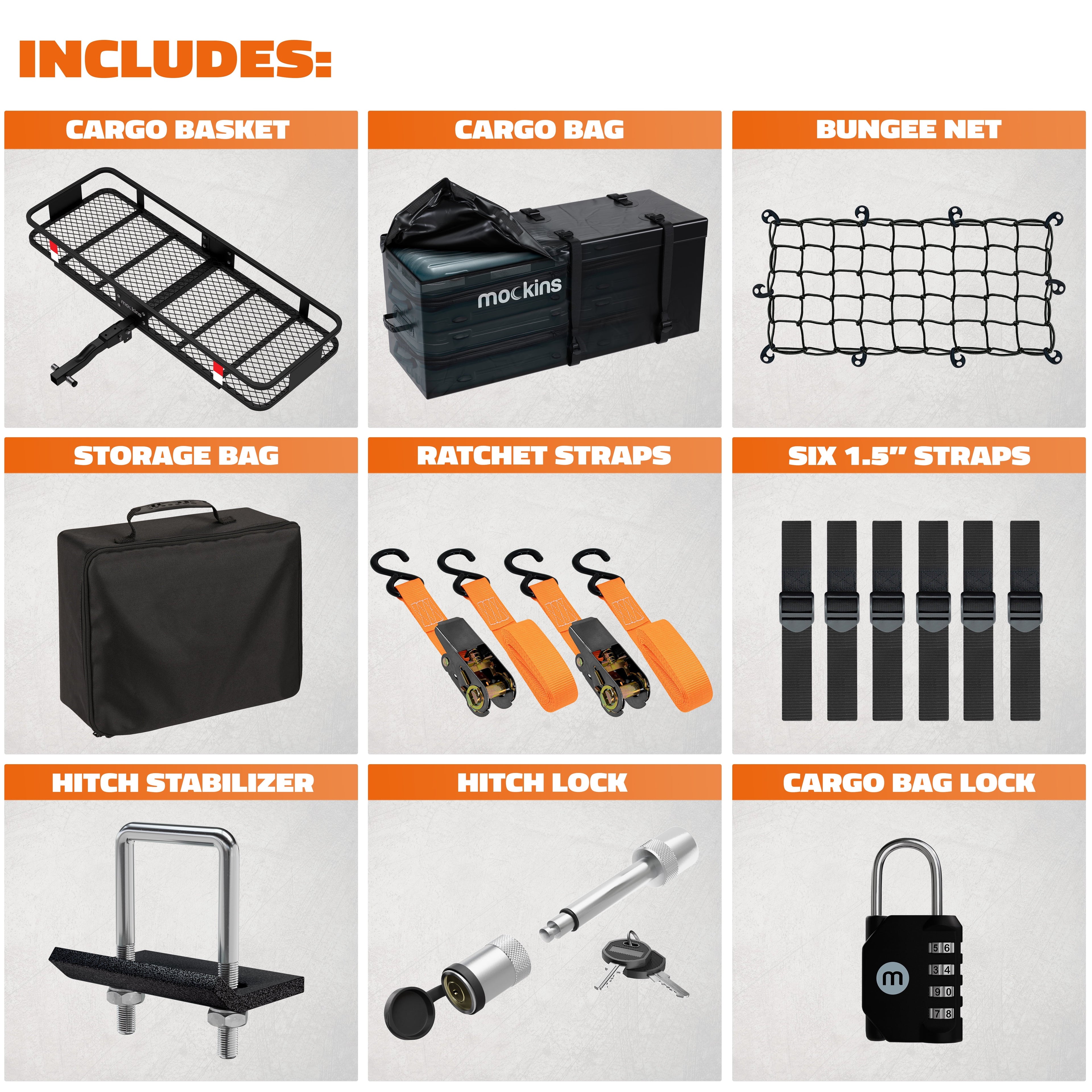 Mockins 60"x20"x6" Car Cargo Carrier Hitch Mount | 500 lbs Cap. Folding Hitch Basket with 16 CF Cargo Bag