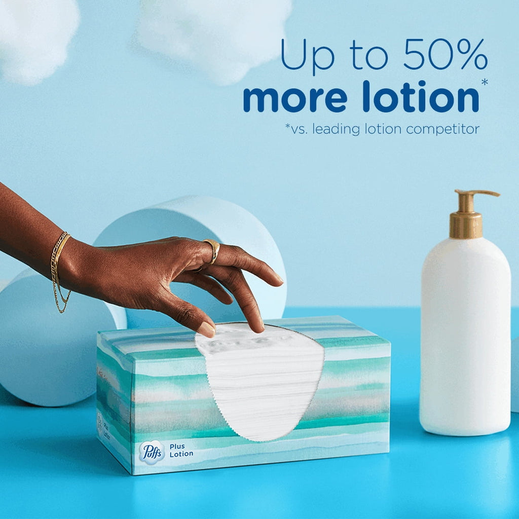 Puffs Plus Lotion Facial Tissues, 4 Family Box, 124 White Tissues per Box