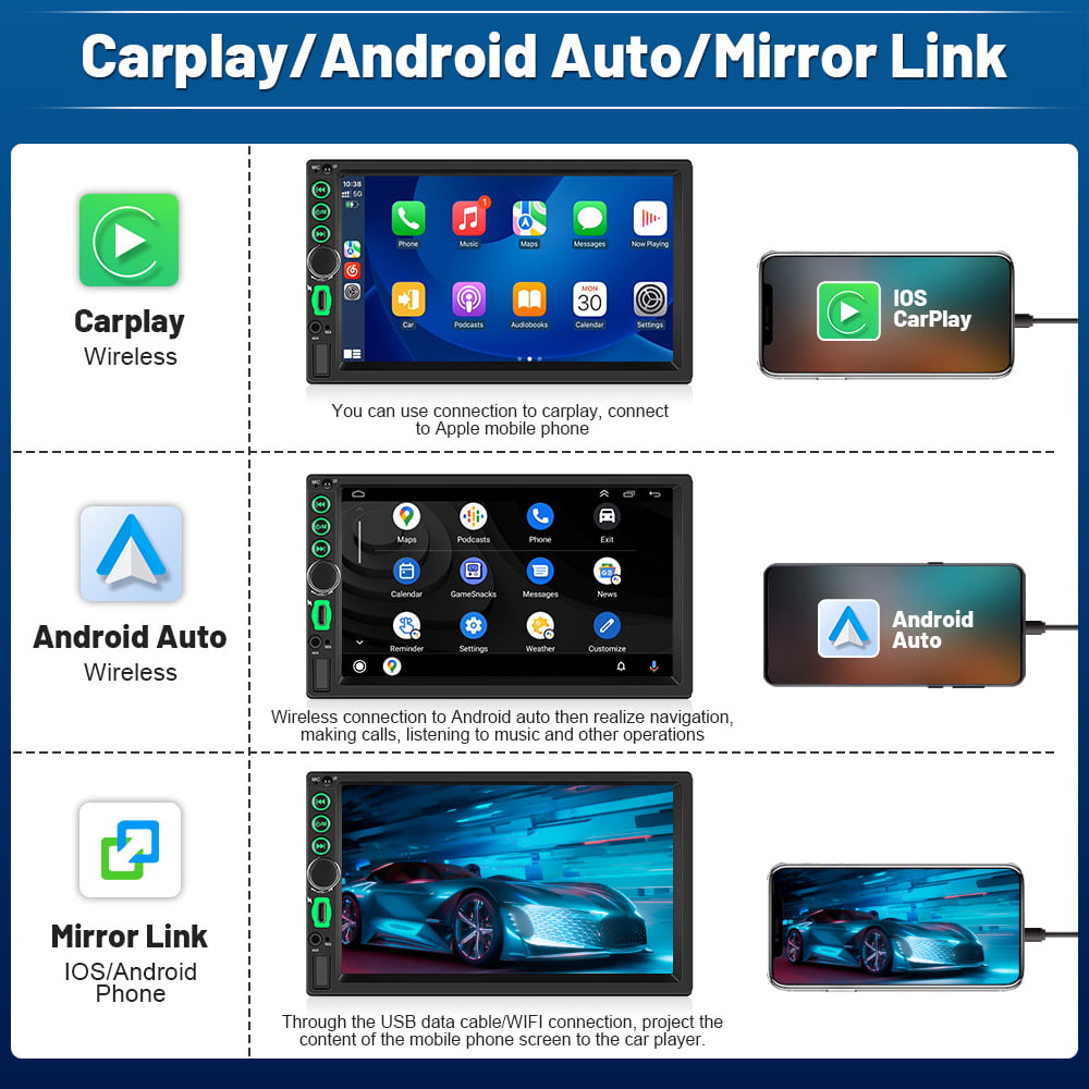 Podofo Double 2 Din 7'' Car Stereo Radio Wireless Apple Carplay Android Auto Mirror Link HD Touch Screen Car Multimedia MP5 Player Head Unit Bluetooth FM USB Mic Type C(No Backup Camera)