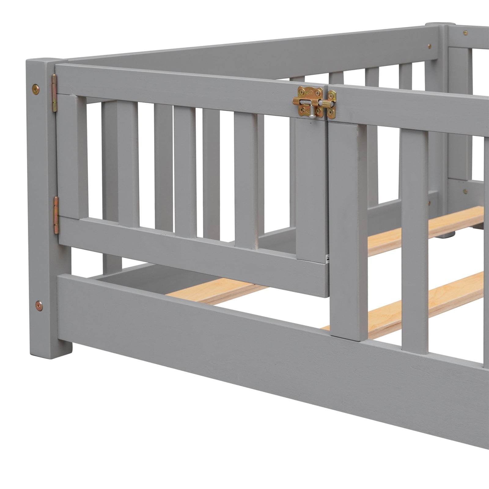 Twin Size Floor Bed Frame, Solid Wood Platform Bed Frame with Safety Fence & Small Door, Montessori Floor Bed with Slats Support for Boys Girls, No Box Spring Needed, Grey
