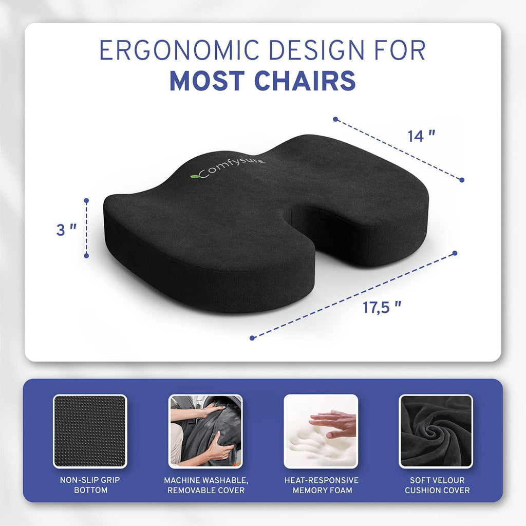 Memory Foam Seat Cushion with Removable Microfiber Cover - Coccyx, Tailbone, Sciatica, Lower Back Support and Pain Relief - Fits Most Office, Desk, Computer Chairs and Car Seats – by ComfySure