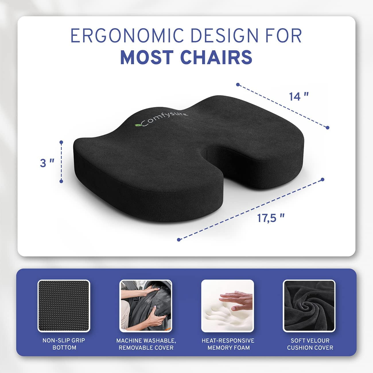 Memory Foam Seat Cushion with Removable Microfiber Cover - Coccyx, Tailbone, Sciatica, Lower Back Support and Pain Relief - Fits Most Office, Desk, Computer Chairs and Car Seats – by ComfySure