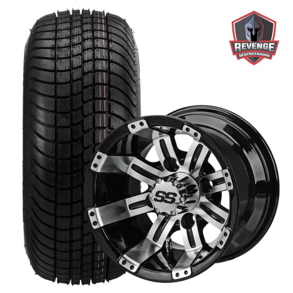 10" Casino Machined Black Golf Cart Wheels and Tires Combo (205/65-10) Set of 4