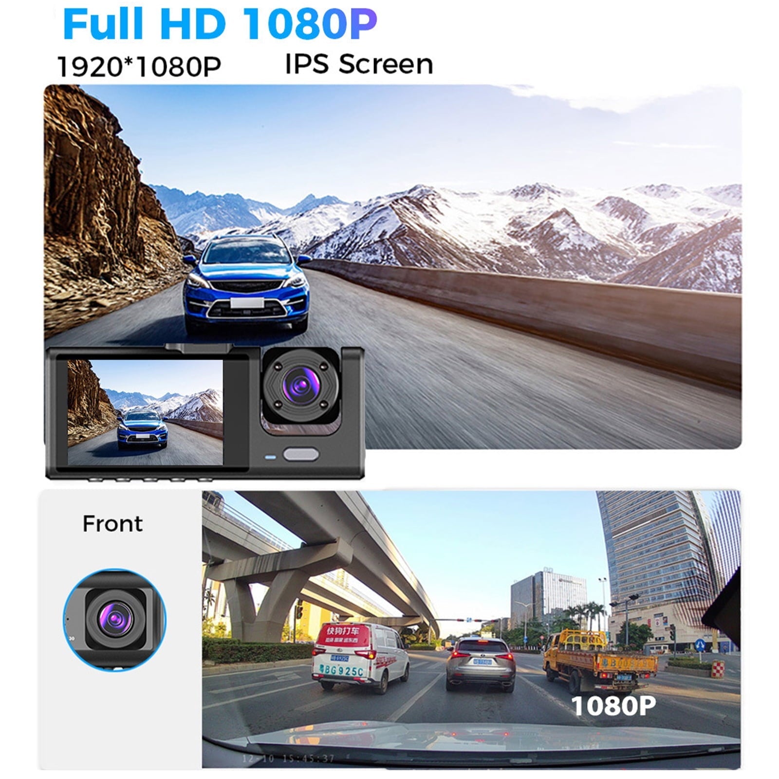 3 Channel Dash Cam Front and Rear Inside with 2" IPS Screen, 1080P Dashcam Three Way Triple Car Camera with IR Night Vision, Loop Recording, G-Sensor, Parking Monitor, 24 Hours Recording