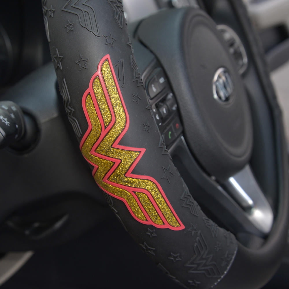 Wonder Woman Auto Accessories Combo Pack - Waterproof Seat Covers, Synth Leather Steering Wheel Cover & 4 Piece Car Floor Mats for Car SUV Van Truck