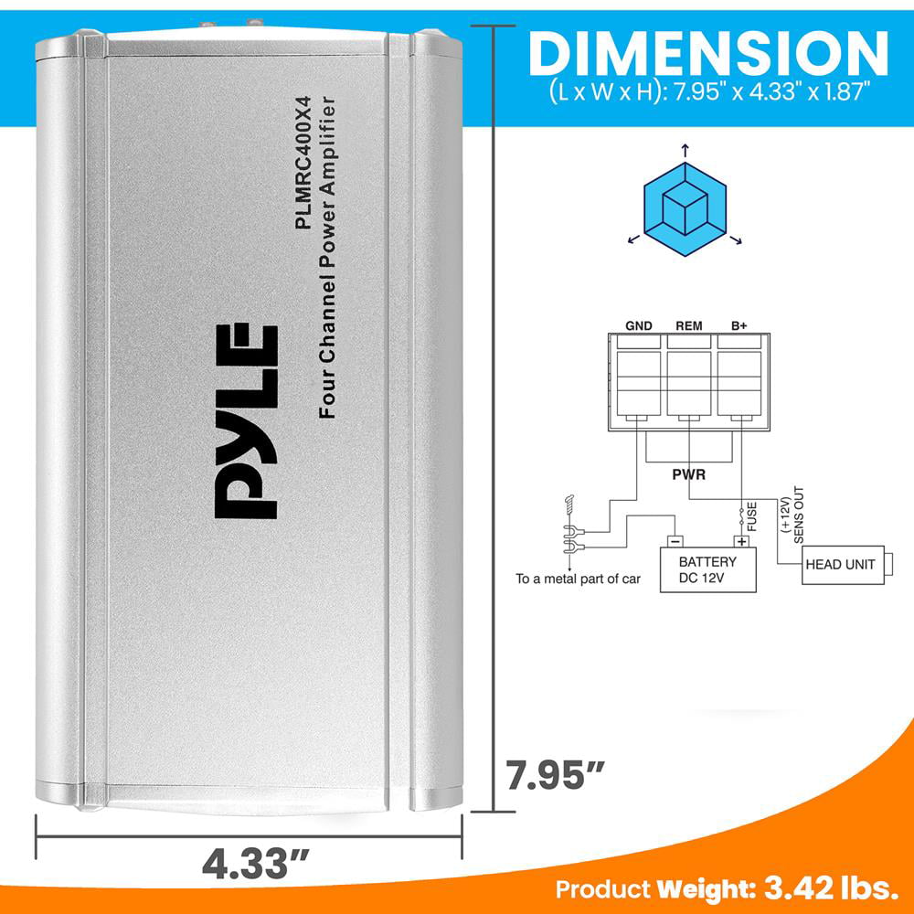 Pyle 4-Channel Weather-Resistant Audio Amplifier System - Class D Compact Designed Suit for Car