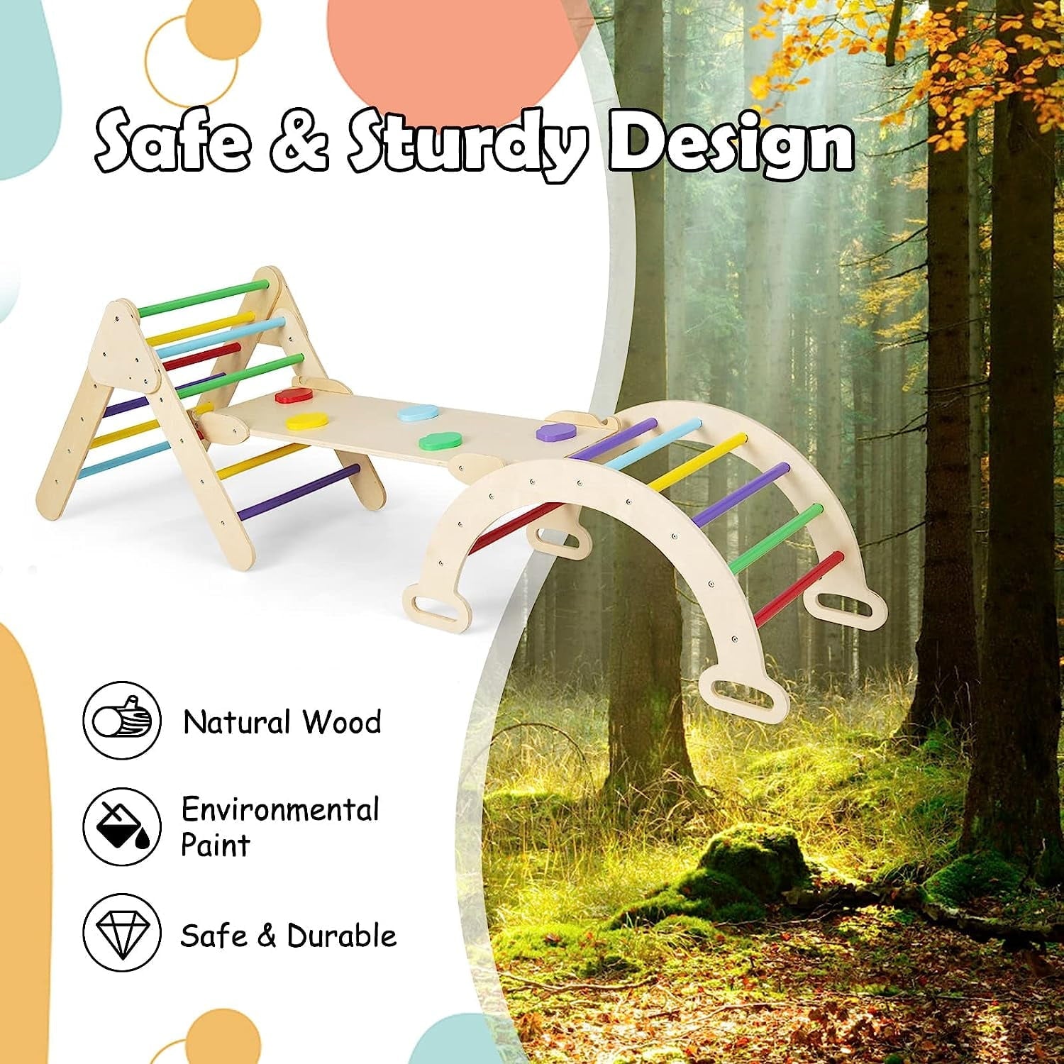 OLAKIDS Climbing Triangle Set, 5 in 1 Kids Wooden Montessori Climber Toy with Ramp Ladder Arch Slide for Gym Playground, Indoor Outdoor Climb Activity Jungle Play Structure for Toddlers 1-3