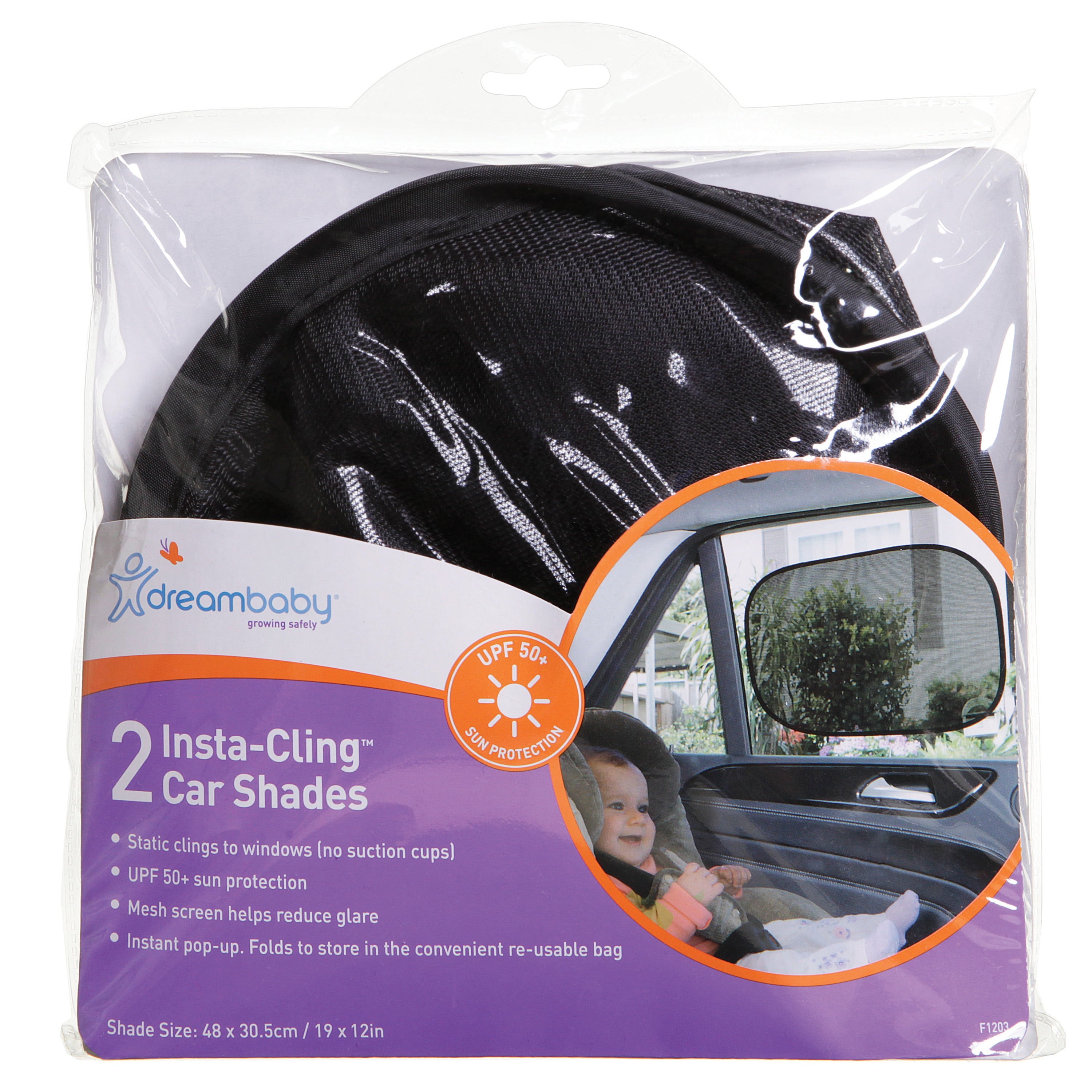 Dreambaby Model L1203 Insta-Cling Car Shades Universal Fit, Baby Sun Shades, 2 Pack in Gray