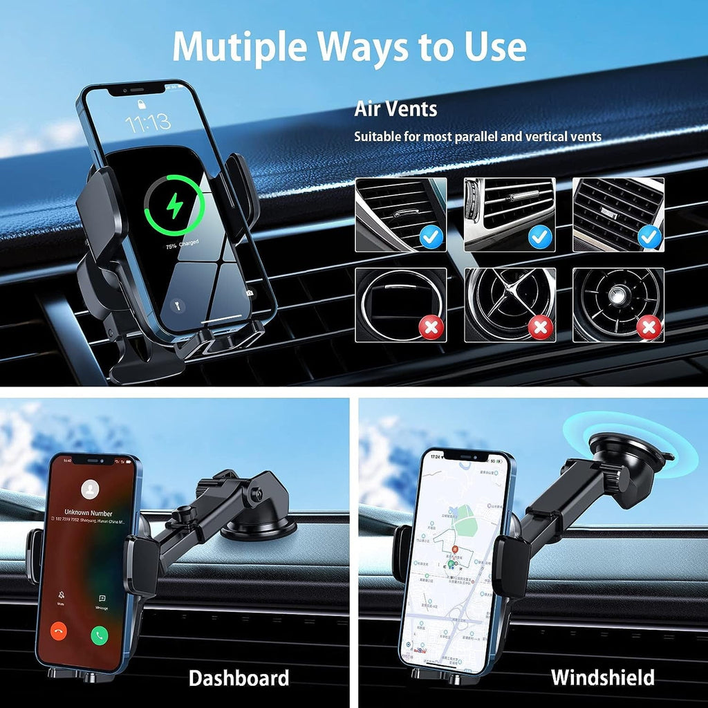 Hoey 3 in 1 Wireless Car Charger, 15W Smart Sensor Auto Clamping Air Vent Dashboard Windshield Car Phone Holder Mount, Compatible for iPhone, Samsung, Google, LG, etc