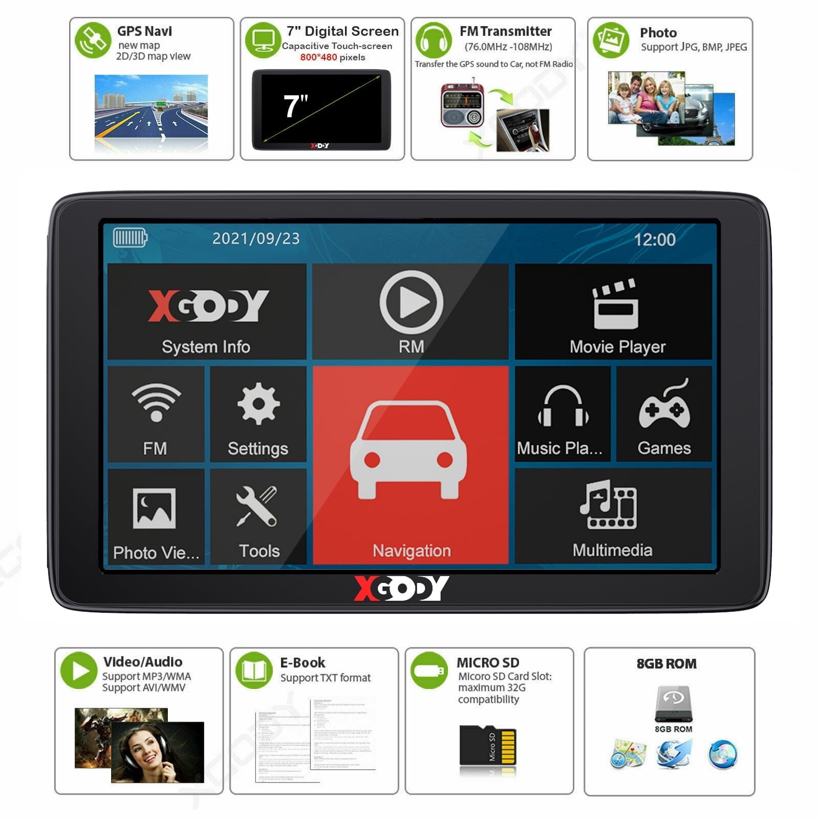 XGODY 7 inch GPS for Car GPS Navigation for Car 8GB+256 Truck GPS Sat Nav with Speed Voice Guidance Route Planning Lifetime Free Map Update