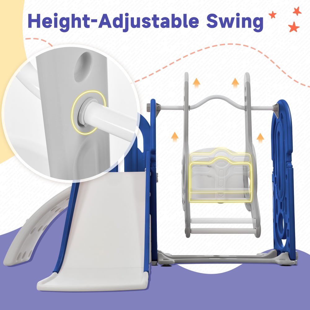 5 in 1 Toddler Swing and Slide Set with Climber, Kids Playground Climber Slide Playset with Safety Belt, Armrest, Basketball Hoop, High Adjustable Baby Swing Set for Indoor Outdoor Backyard, Blue