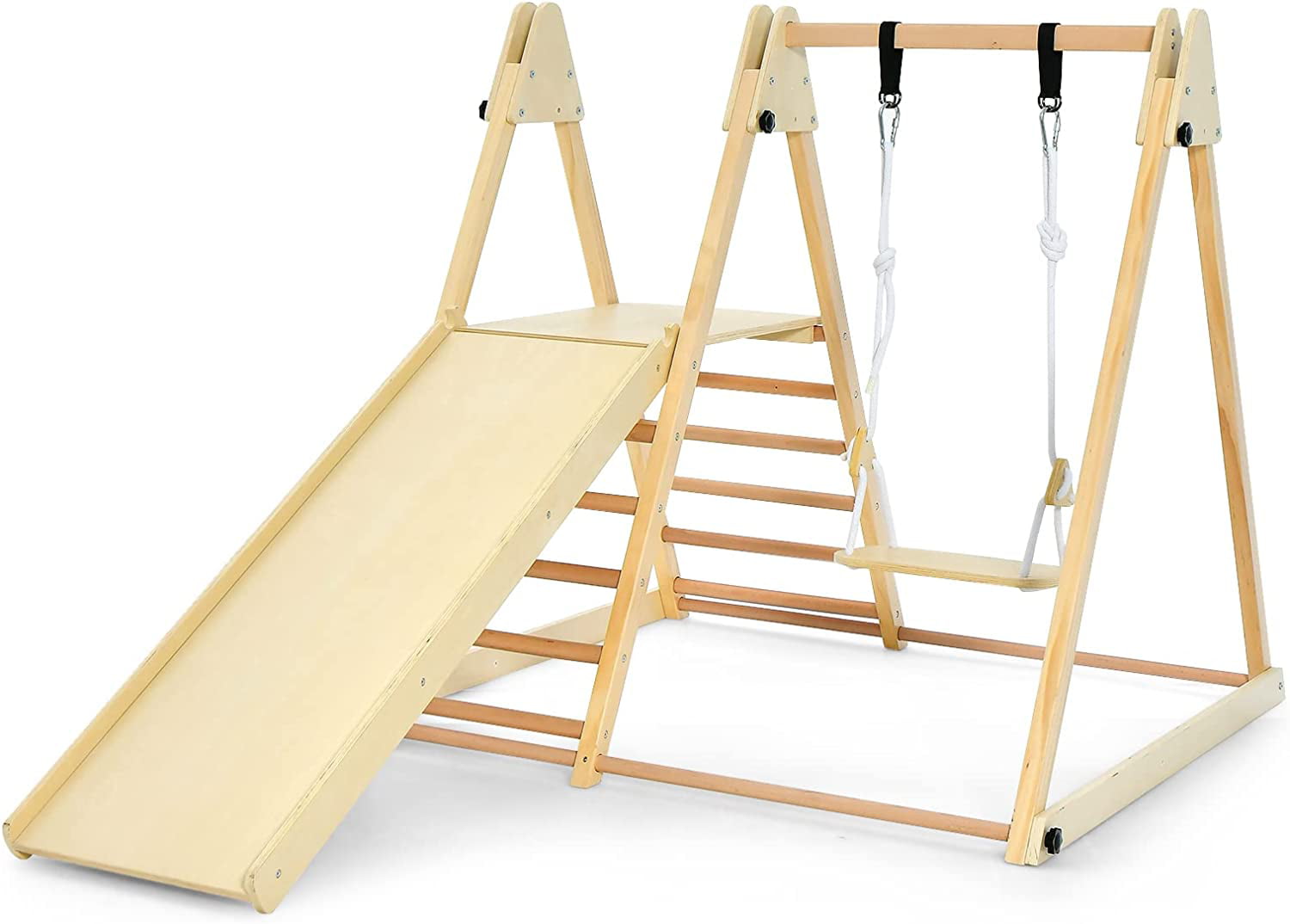 OLAKIDS Toddlers Triangle Climbing Set, 4 in 1 Foldable Kids Wood Montessori Climber Ladder with Ramp, Slide and Swing, Indoor Outdoor Playground Jungle Play Gym Structure for Boys Girls