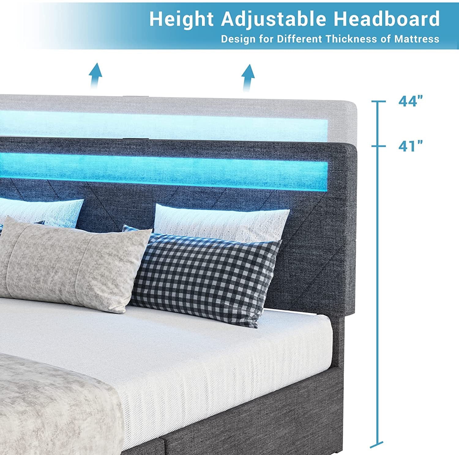 Adorneve Queen Bed Frame with LED Lights Headboard, 4 Drawers,2 USB Charging Station, Upholstered Platform Bed, Dark Gray