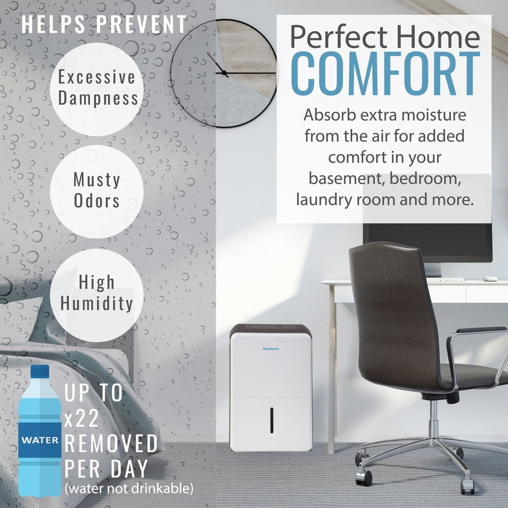 Keystone 22 pt 1,500 sq ft Dehumidifier in White - Energy Efficient, Bucket Full Indicator