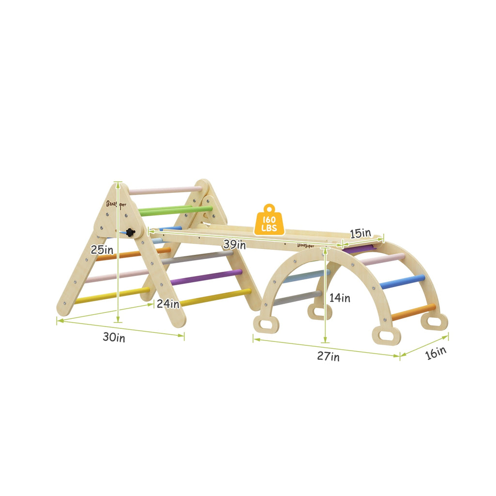 BanaSuper Colorful 3 in 1 Climbing Triangle Ladder with Ramp & Arch Foldable Wooden Triangle Climber Set Montessori Climbing Toys for Kids Ourdoor Indoor Playground Play Gym