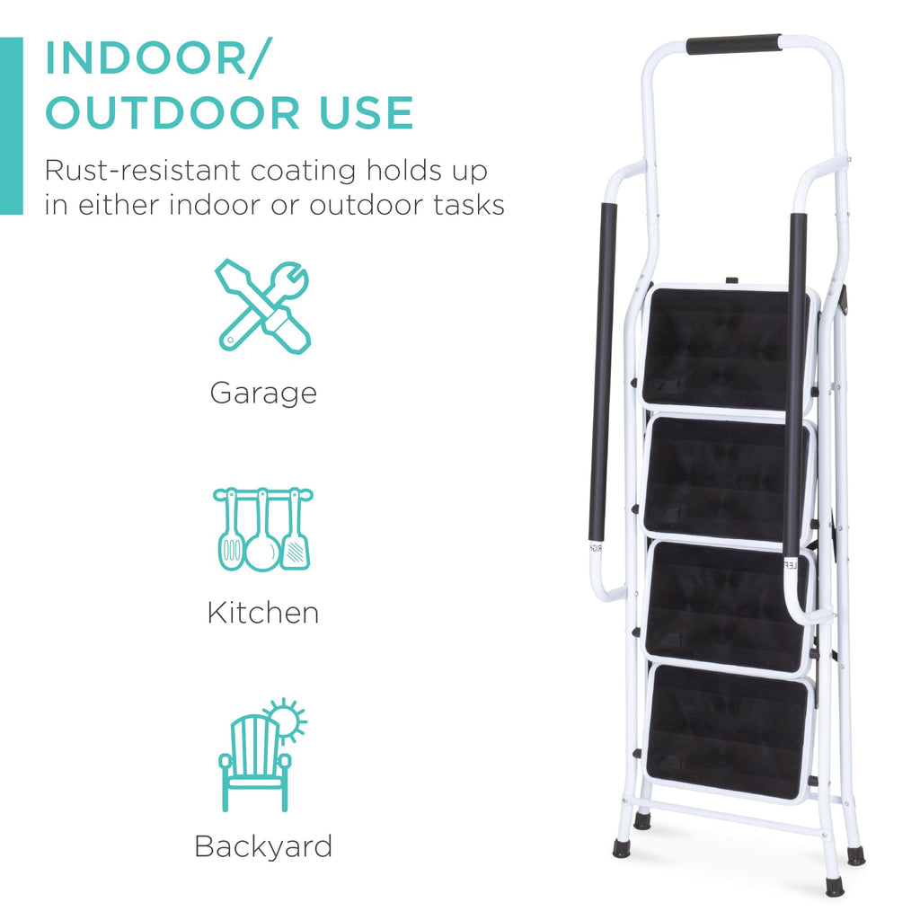 Best Choice Products 4-Step Portable Folding Anti-Slip Steel Ladder w/ Handrails, Attachable Tool Bag