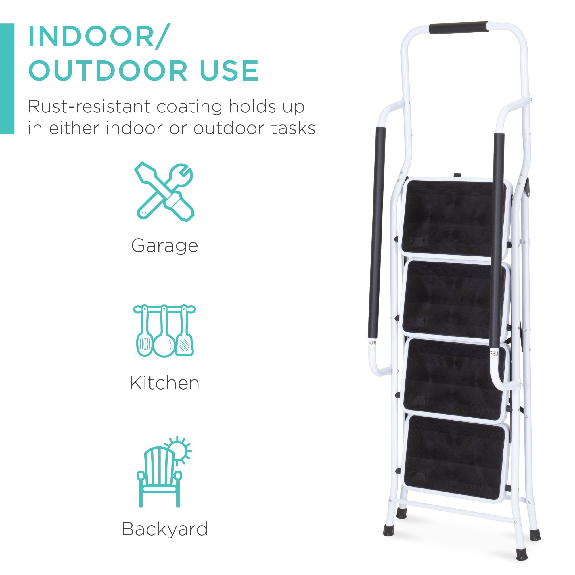 Best Choice Products 4-Step Portable Folding Anti-Slip Steel Ladder w/ Handrails, Attachable Tool Bag