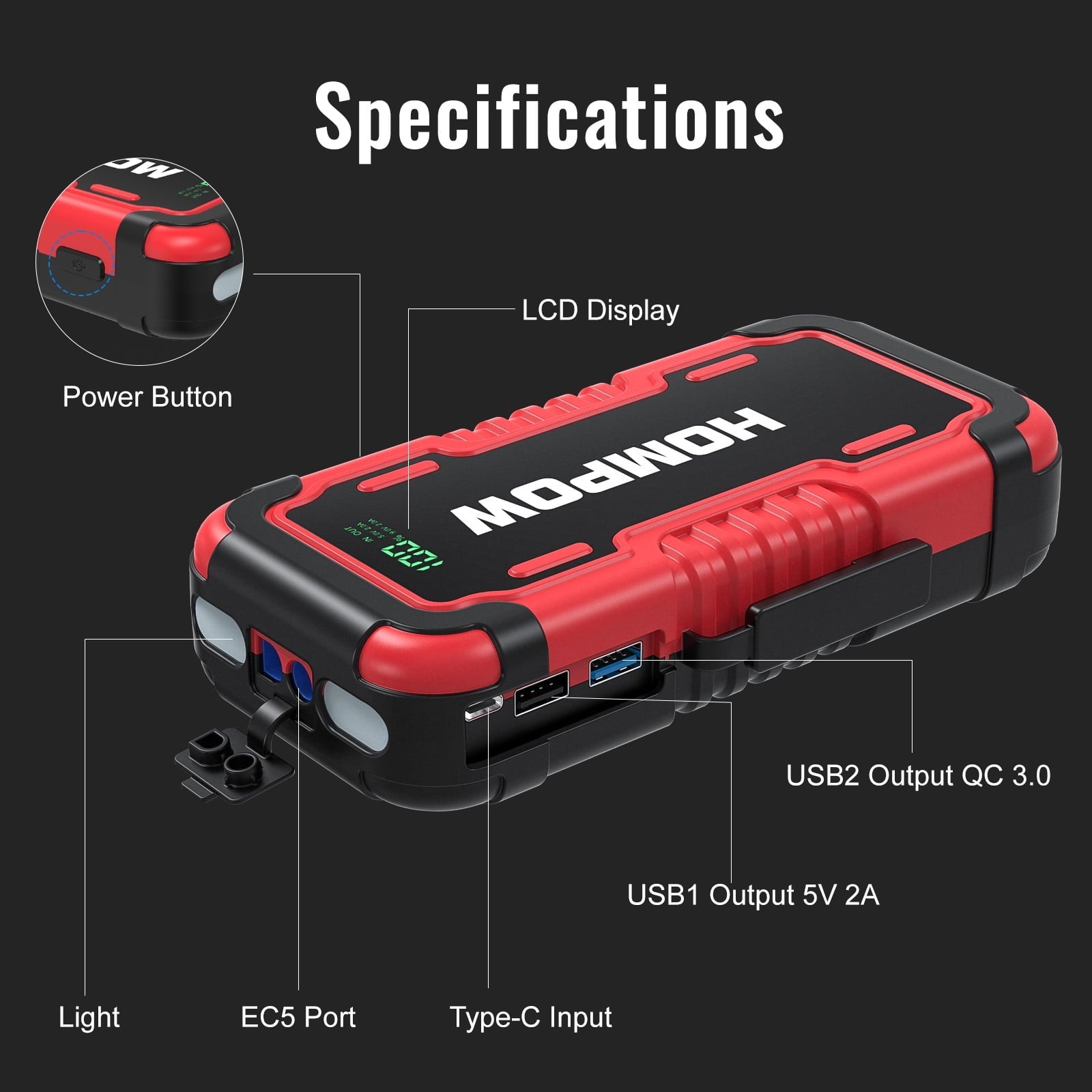 Car Jump Starter, HOMPOW 2000A Peak 18000mAh Lithium Jump Starter Battery Pack for up to 8L Gas or 6L Diesel Engine, Safe 12V Portable Battery Starter Power Pack with LED Screen & LED Light