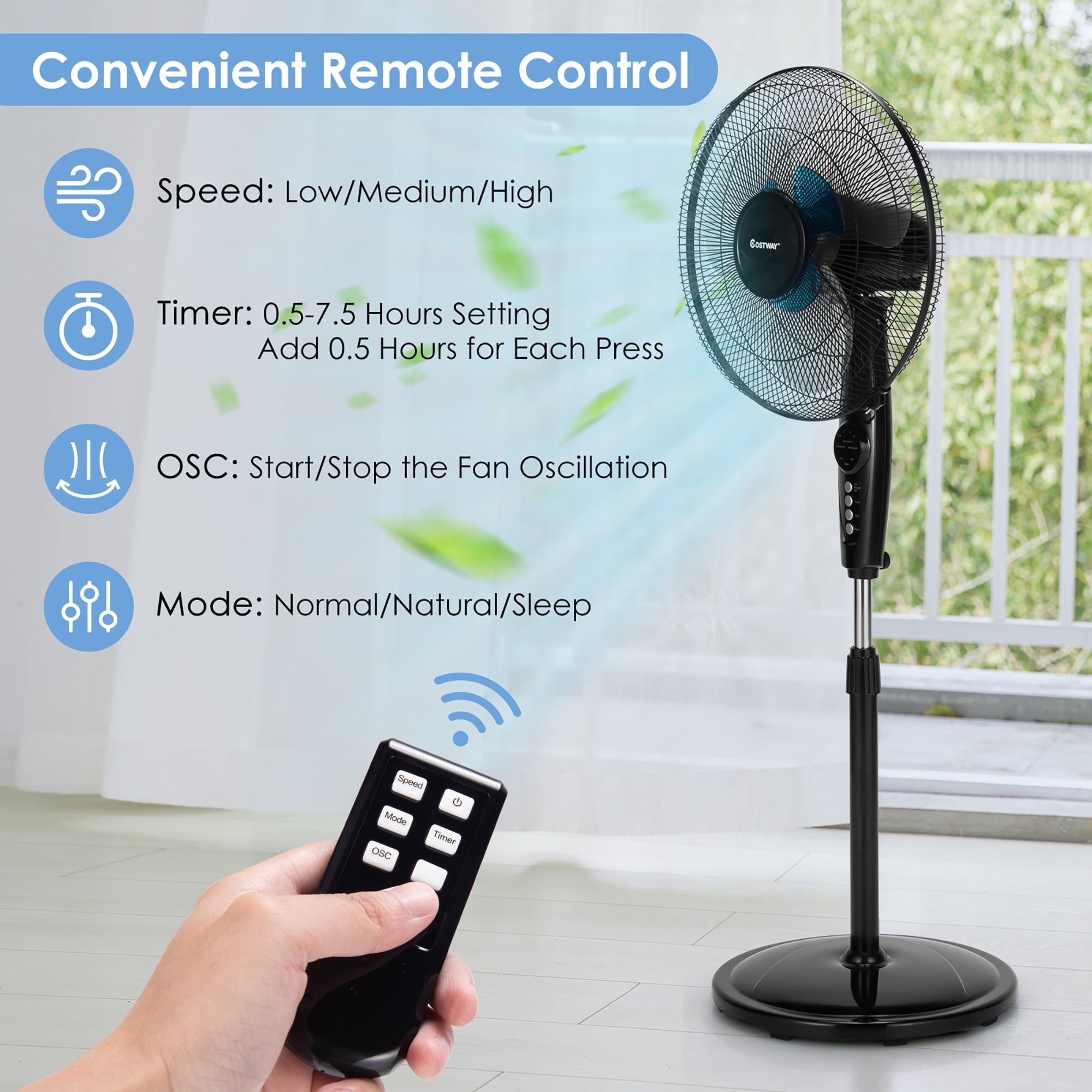 Costway 16'' Adjustable Oscillating Pedestal Fan Dual Blades w/Remote Control