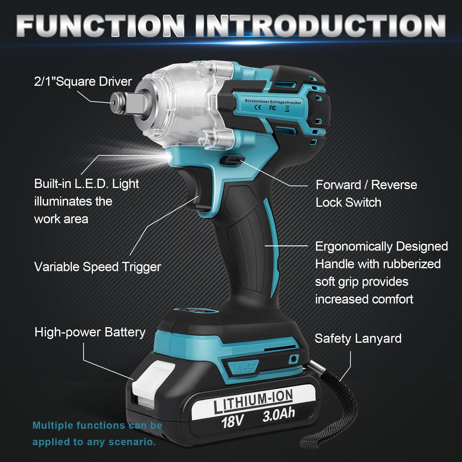 Cordless Impact Wrench Brushless Impact Wrench 1/2 inch Max Torque 550Nm 3200RPM w/ 2x 3.0 Battery 6 Sockets High Torque Power Impact Wrench for Car Home