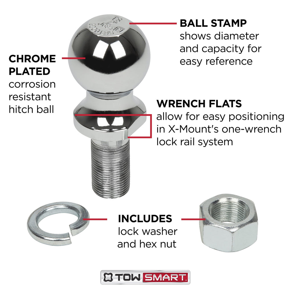 TowSmart Trailer Hitch Ball, Class II, 2in Ball, 3/4in x 1-1/2in Shank, 3500lb, 716, Chrome, 1 Each