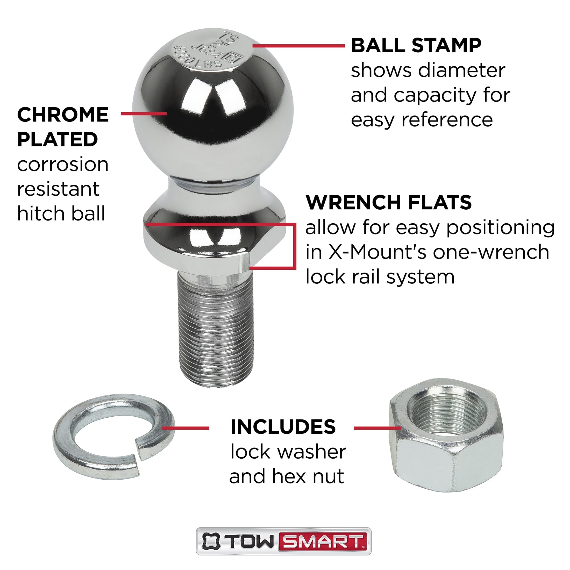 TowSmart Trailer Hitch Ball, Class II, 2in Ball, 3/4in x 1-1/2in Shank, 3500lb, 716, Chrome, 1 Each