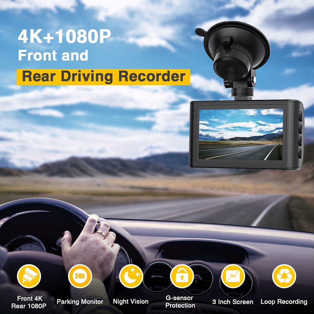 4K Dash Cam Front Rear Car Camera with Night Vision, Campark 3" IPS Screen Supercapacitor Camera for Car, with Parking Monitoring, Loop Recording, G-Sensor, Screen Saver