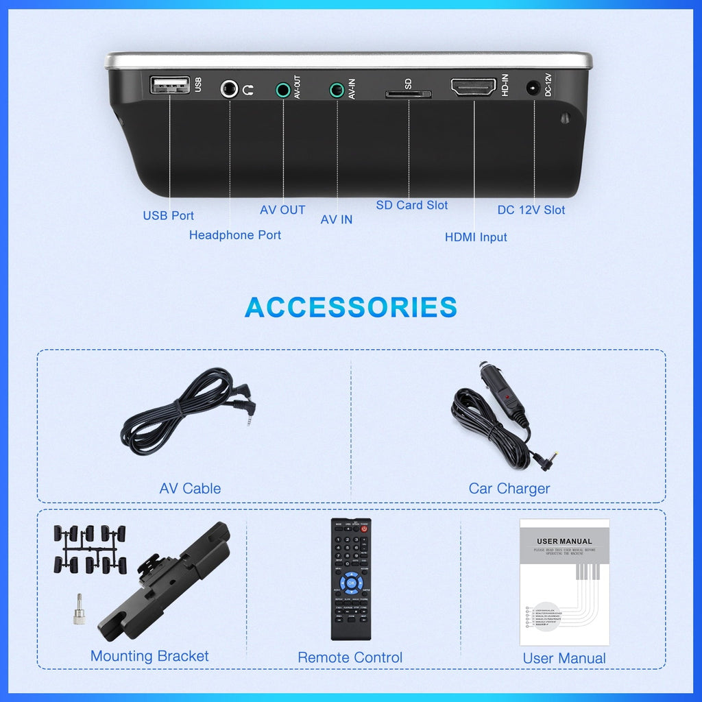 NAVISKAUTO 10.1" Portable DVD Player for Car with Headrest Mount Bracket HDMI Input Region Free Last Memory