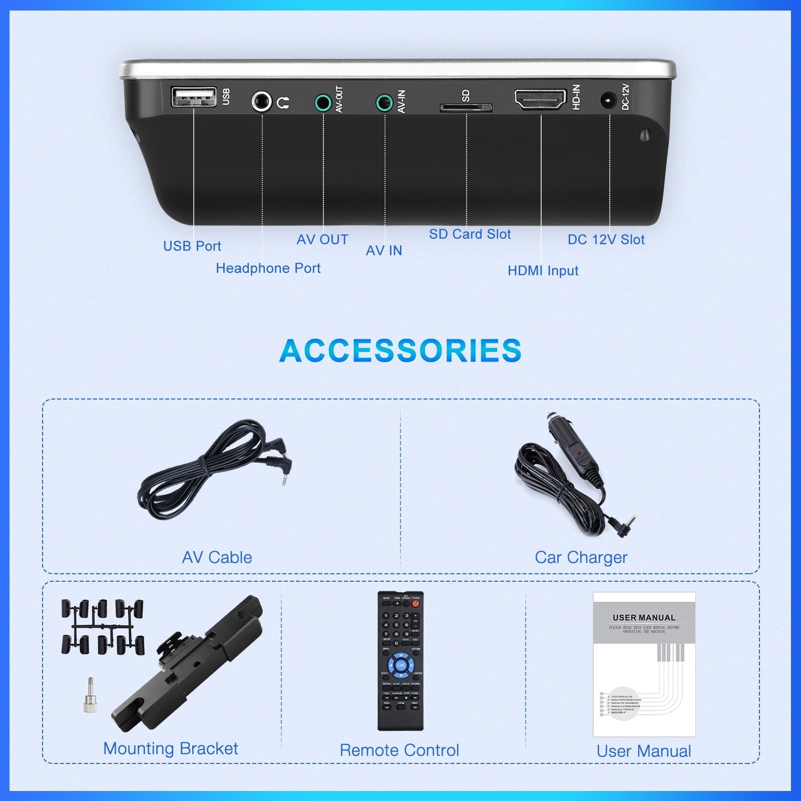 NAVISKAUTO 10.1" Portable DVD Player for Car with Headrest Mount Bracket HDMI Input Region Free Last Memory